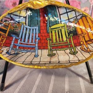 DECOUPAGE CLAM SHELL DECOUPAGE ROCKING CHAIRS ON A PORCH TRINKET DISH